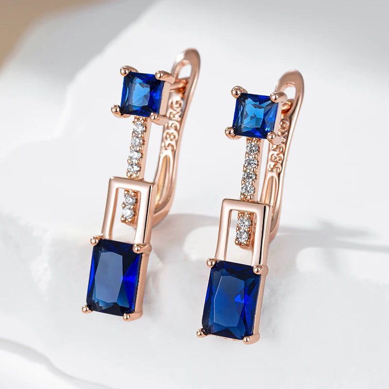 Stylish Vintage Long Dangle Earrings with Square Blue Natural Zircon in 585 Rose Gold Finish