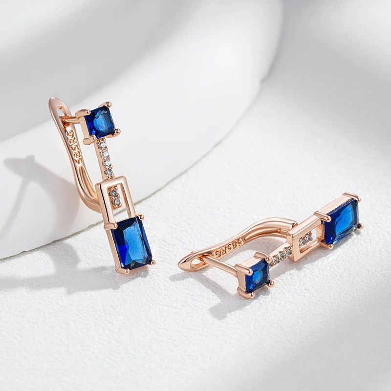 Stylish Vintage Long Dangle Earrings with Square Blue Natural Zircon in 585 Rose Gold Finish