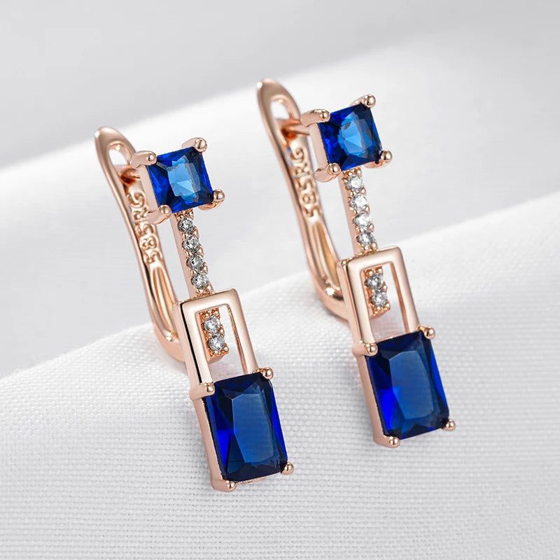 Stylish Vintage Long Dangle Earrings with Square Blue Natural Zircon in 585 Rose Gold Finish