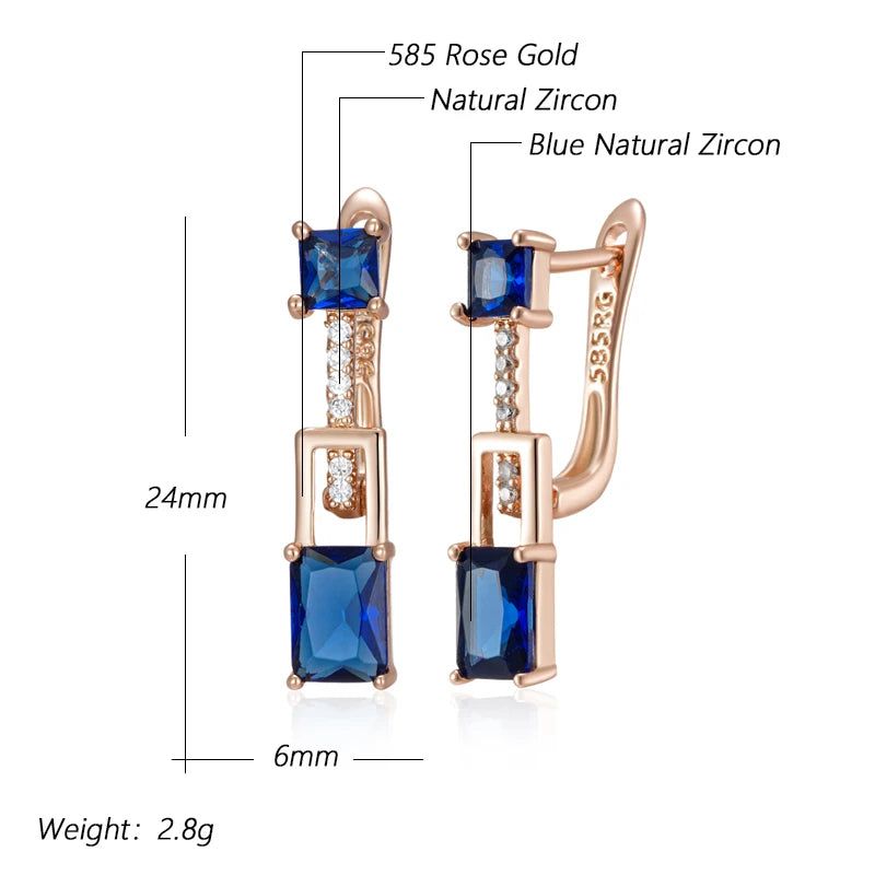 Stylish Vintage Long Dangle Earrings with Square Blue Natural Zircon in 585 Rose Gold Finish