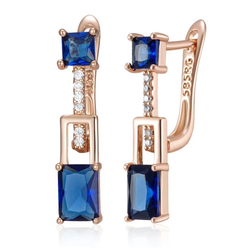 Stylish Vintage Long Dangle Earrings with Square Blue Natural Zircon in 585 Rose Gold Finish