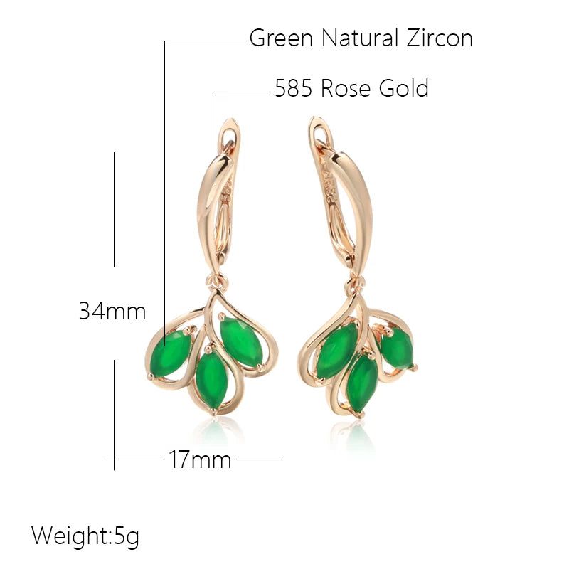 Stylish Vintage Long Drop Earrings in 585 Rose Gold with Green Natural Zircon Flower Design