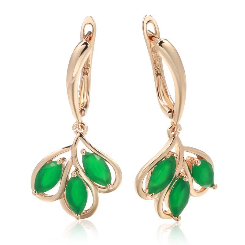 Stylish Vintage Long Drop Earrings in 585 Rose Gold with Green Natural Zircon Flower Design