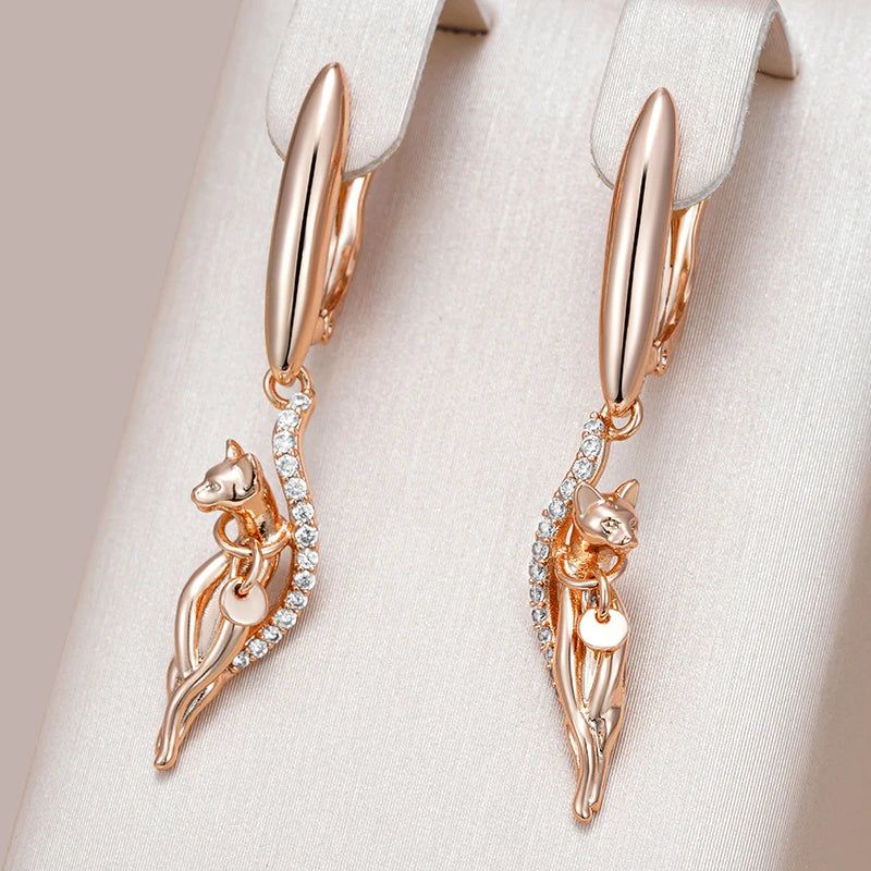 Stylish Vintage Long Drop Earrings with Natural Zircon in 585 Rose Gold Finish