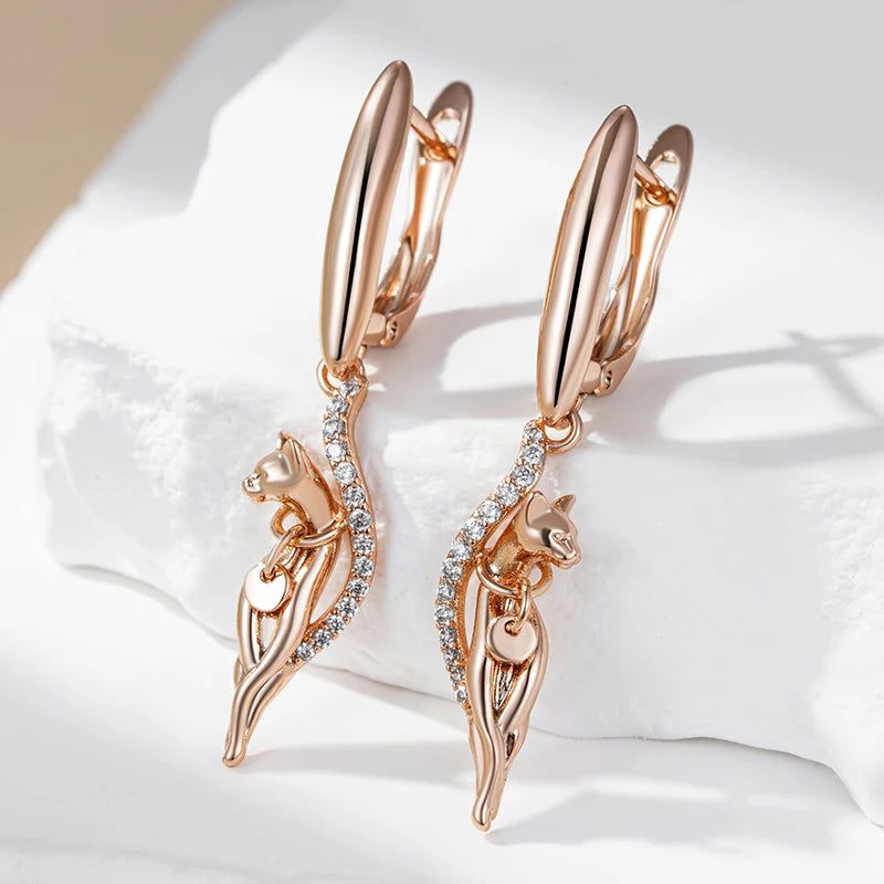 Stylish Vintage Long Drop Earrings with Natural Zircon in 585 Rose Gold Finish