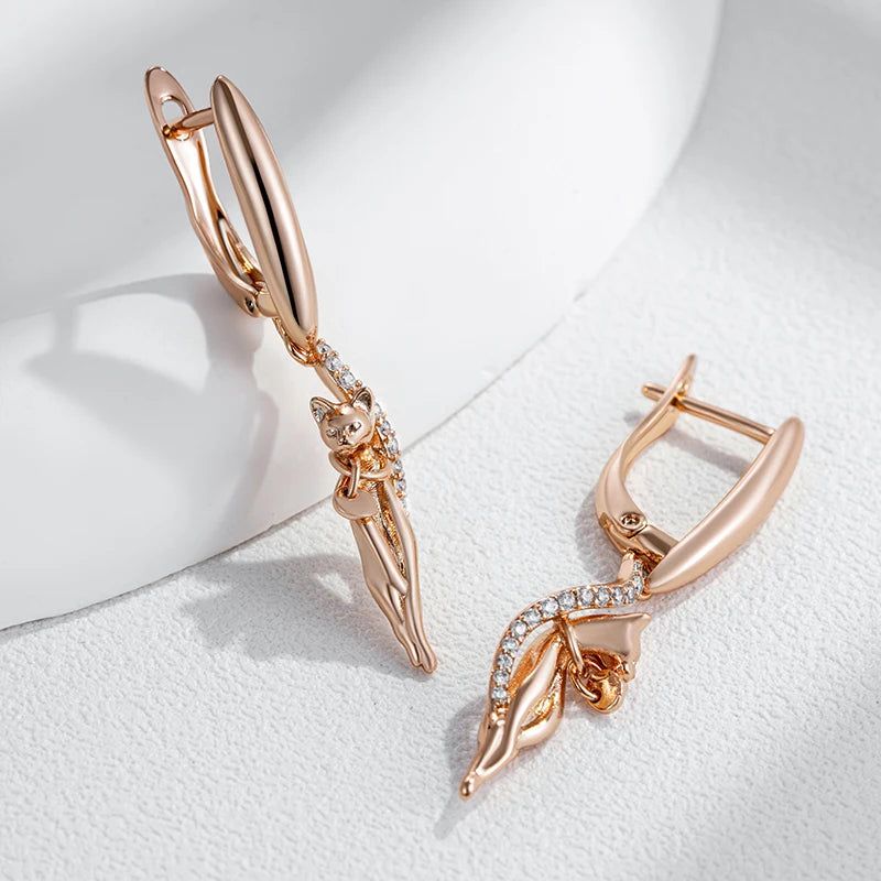 Stylish Vintage Long Drop Earrings with Natural Zircon in 585 Rose Gold Finish