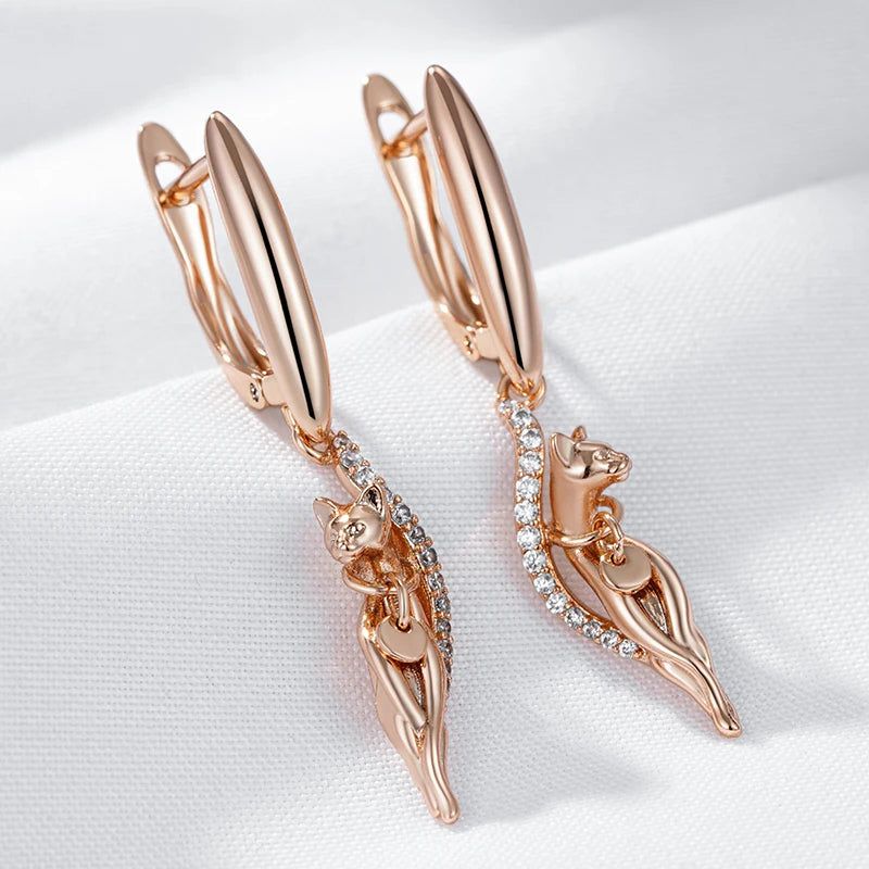 Stylish Vintage Long Drop Earrings with Natural Zircon in 585 Rose Gold Finish