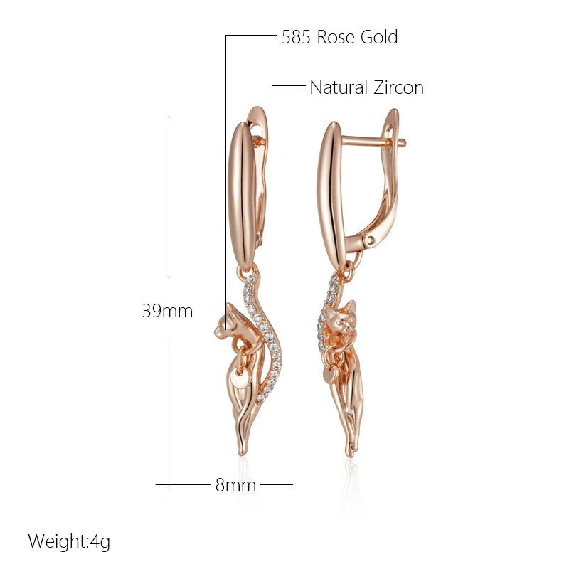 Stylish Vintage Long Drop Earrings with Natural Zircon in 585 Rose Gold Finish