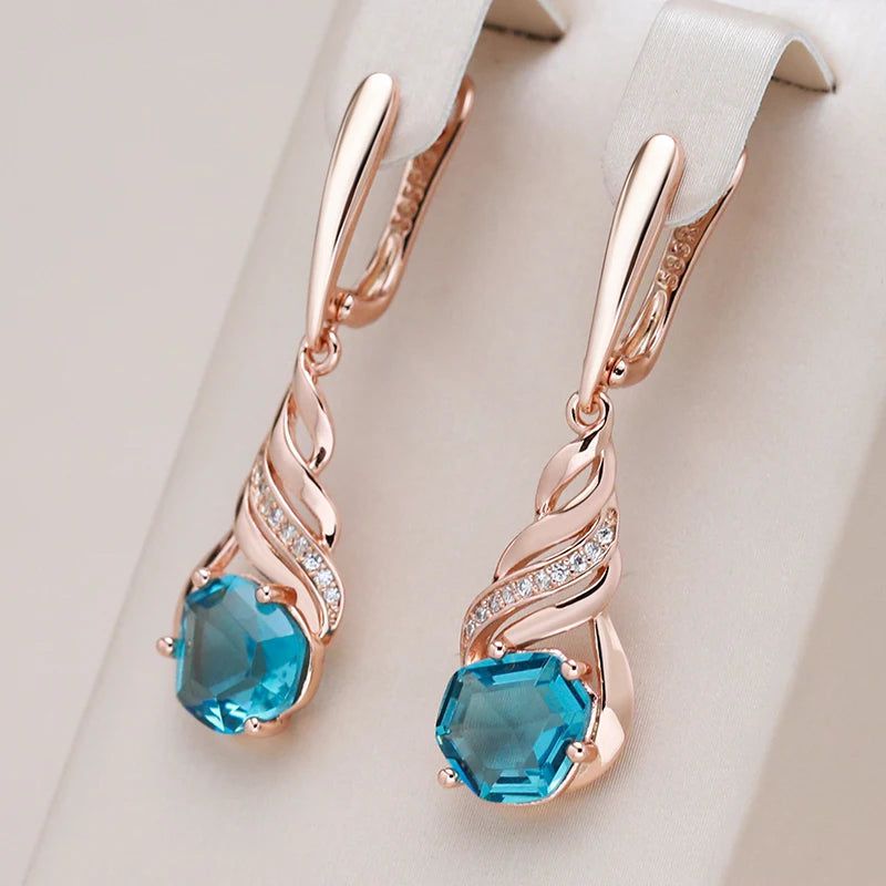 Stylish Vintage Long Drop Earrings with Shiny Blue Stone and Natural Zircon in Rose Gold Finish