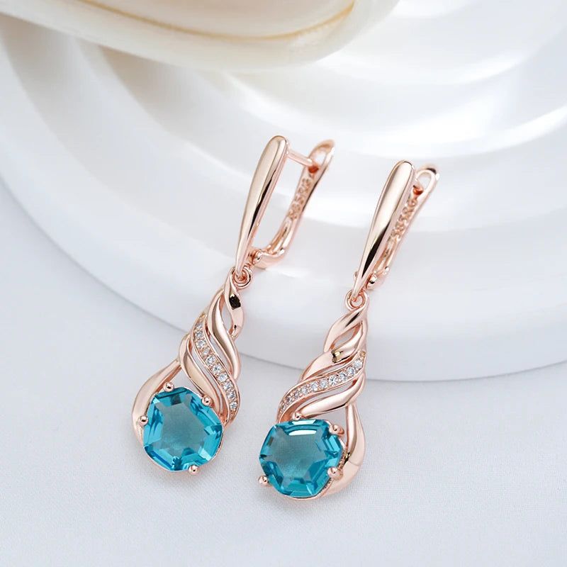 Stylish Vintage Long Drop Earrings with Shiny Blue Stone and Natural Zircon in Rose Gold Finish