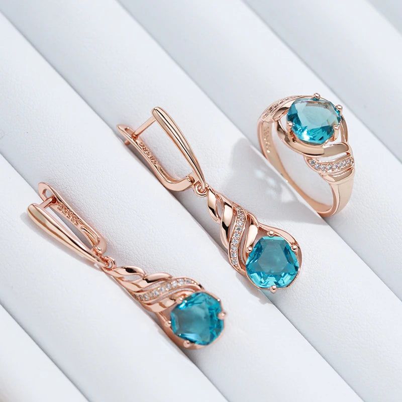 Stylish Vintage Long Drop Earrings with Shiny Blue Stone and Natural Zircon in Rose Gold Finish