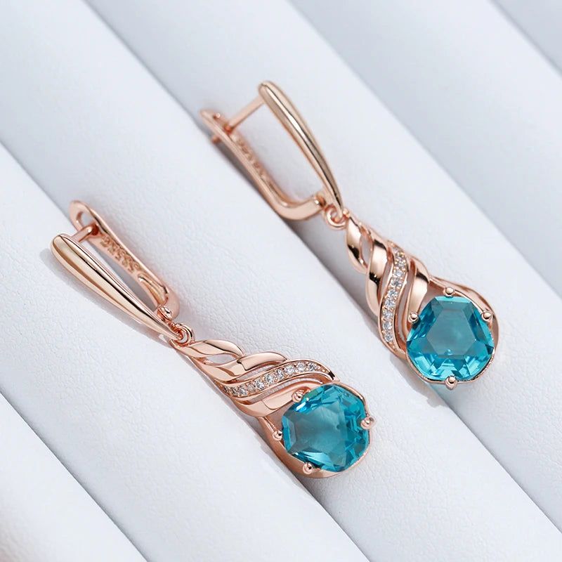 Stylish Vintage Long Drop Earrings with Shiny Blue Stone and Natural Zircon in Rose Gold Finish