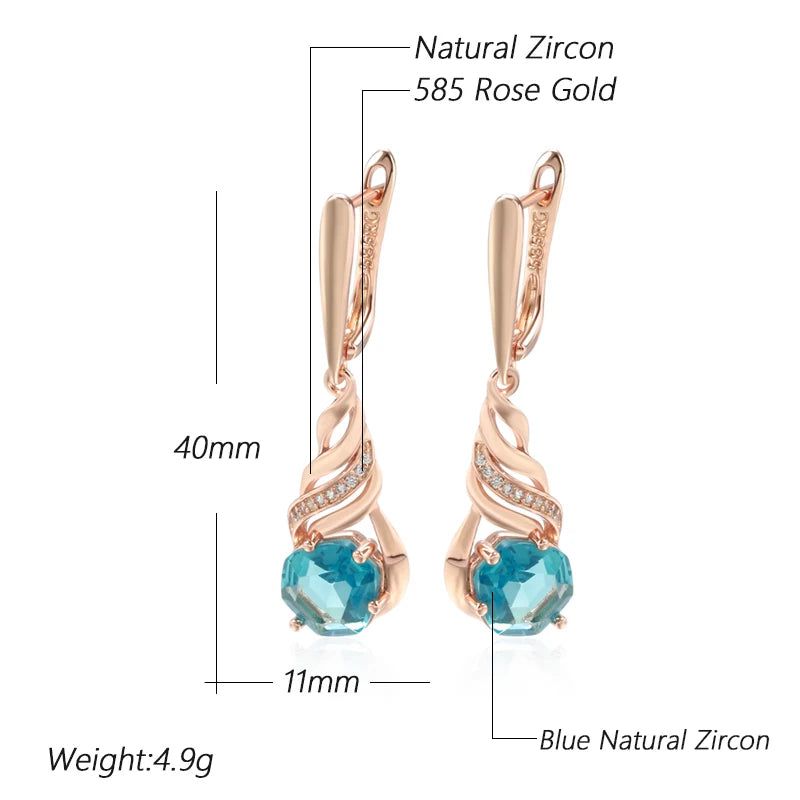 Stylish Vintage Long Drop Earrings with Shiny Blue Stone and Natural Zircon in Rose Gold Finish