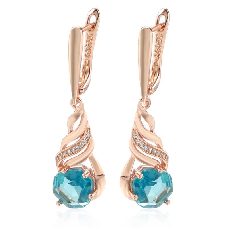 Stylish Vintage Long Drop Earrings with Shiny Blue Stone and Natural Zircon in Rose Gold Finish