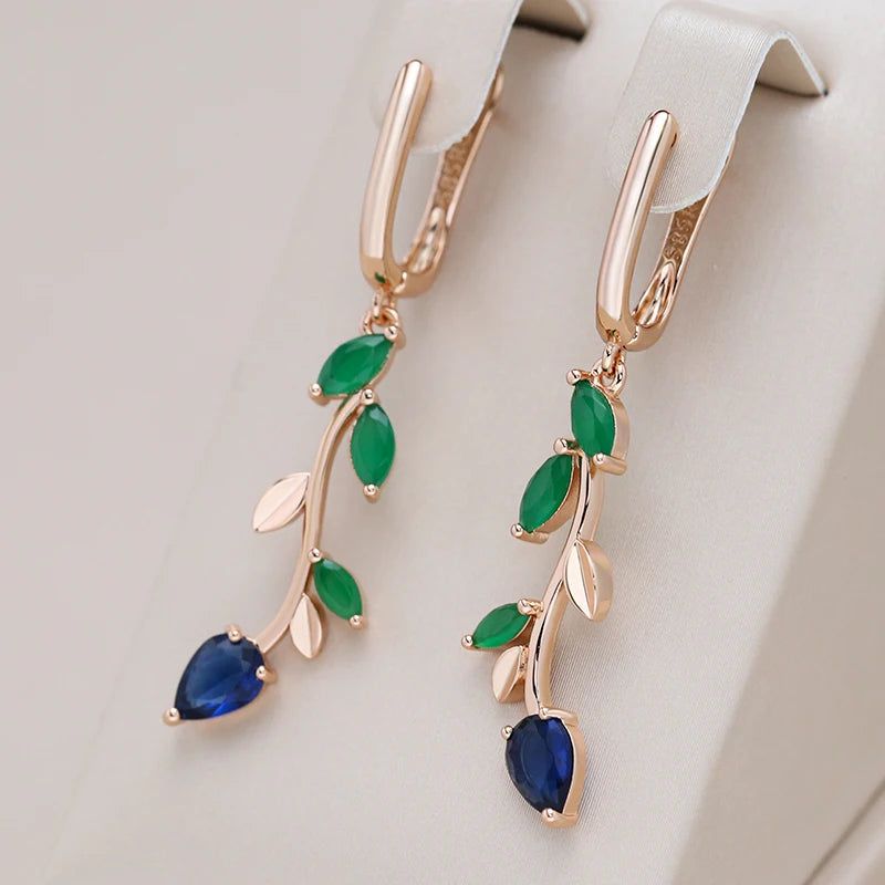 Stylish Vintage Long Leaf Drop Earrings in 585 Rose Gold with Luminous Green Natural Zircon