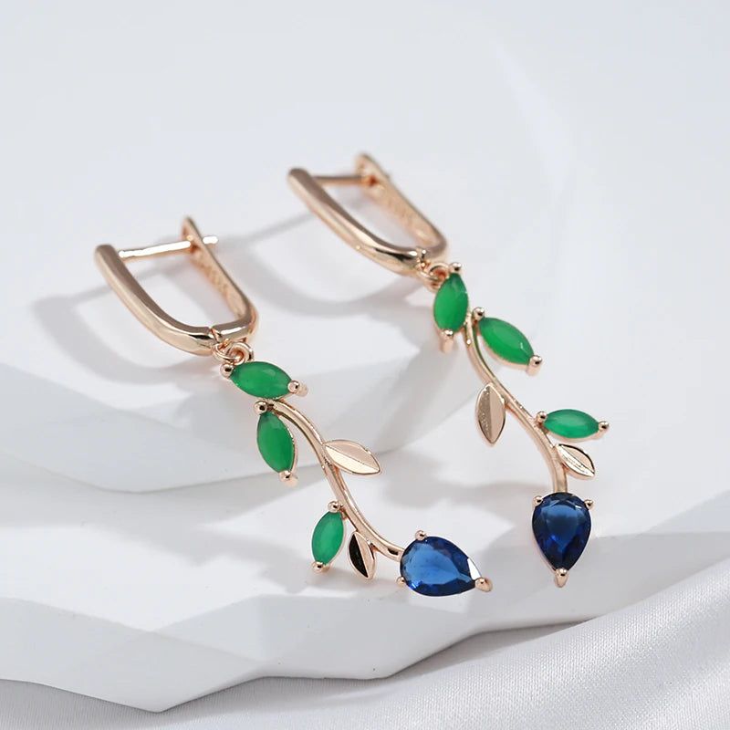 Stylish Vintage Long Leaf Drop Earrings in 585 Rose Gold with Luminous Green Natural Zircon