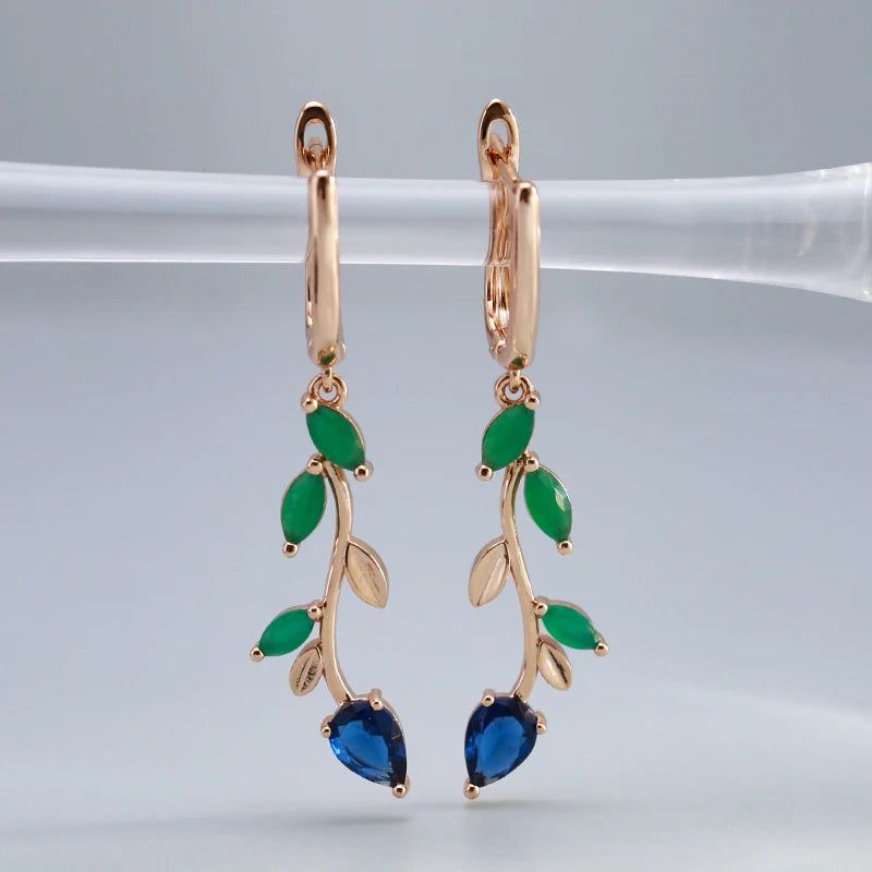 Stylish Vintage Long Leaf Drop Earrings in 585 Rose Gold with Luminous Green Natural Zircon