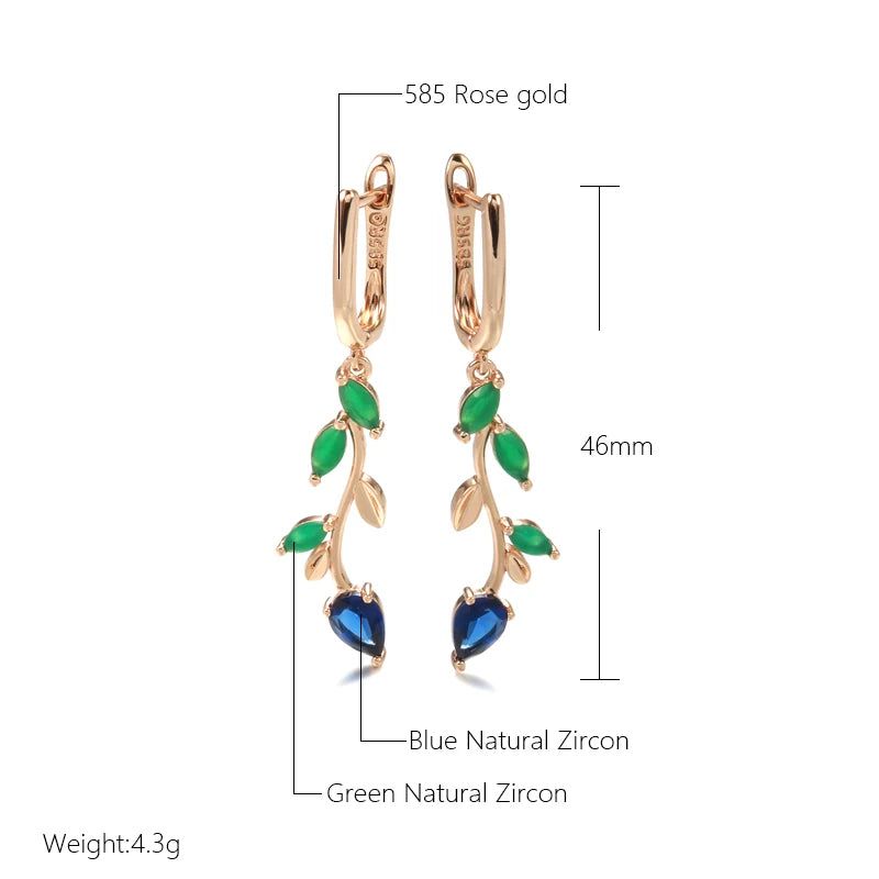 Stylish Vintage Long Leaf Drop Earrings in 585 Rose Gold with Luminous Green Natural Zircon