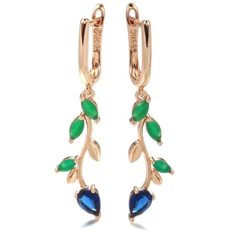 Stylish Vintage Long Leaf Drop Earrings in 585 Rose Gold with Luminous Green Natural Zircon