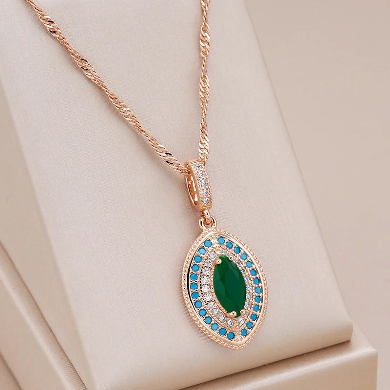 Stylish Vintage Long Pendant Necklace in 585 Rose Gold with Green and Blue Natural Zircon