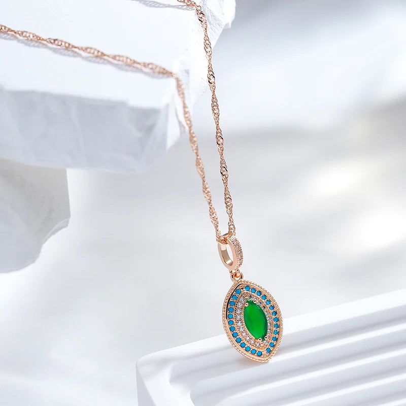 Stylish Vintage Long Pendant Necklace in 585 Rose Gold with Green and Blue Natural Zircon