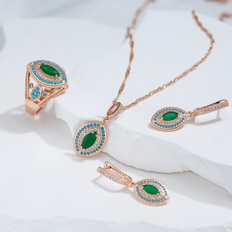 Stylish Vintage Long Pendant Necklace in 585 Rose Gold with Green and Blue Natural Zircon