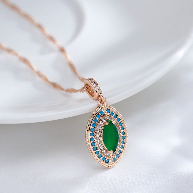 Stylish Vintage Long Pendant Necklace in 585 Rose Gold with Green and Blue Natural Zircon