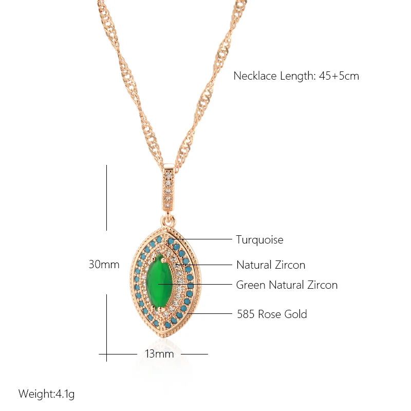 Stylish Vintage Long Pendant Necklace in 585 Rose Gold with Green and Blue Natural Zircon