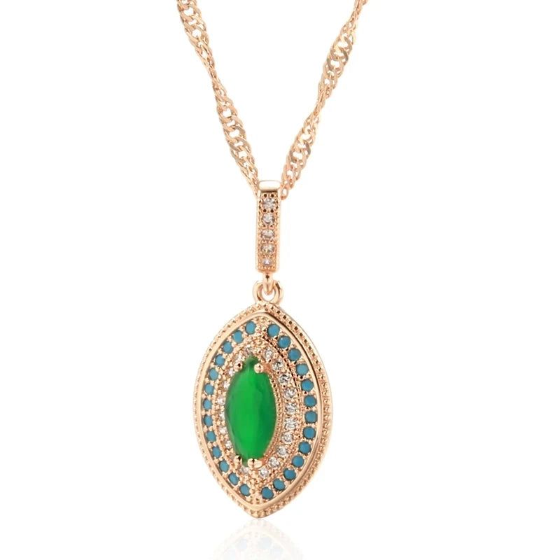 Stylish Vintage Long Pendant Necklace in 585 Rose Gold with Green and Blue Natural Zircon