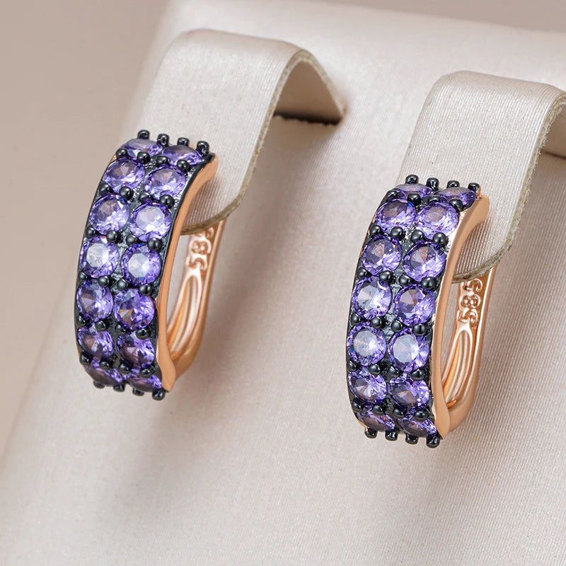 Stylish Vintage Purple Zircon Drop Earrings in 585 Rose Gold and Black Gold Plating