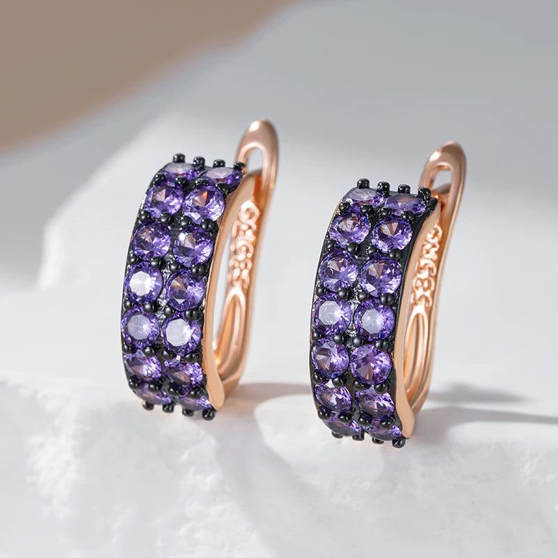 Stylish Vintage Purple Zircon Drop Earrings in 585 Rose Gold and Black Gold Plating