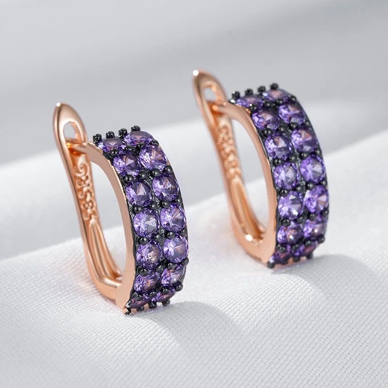 Stylish Vintage Purple Zircon Drop Earrings in 585 Rose Gold and Black Gold Plating