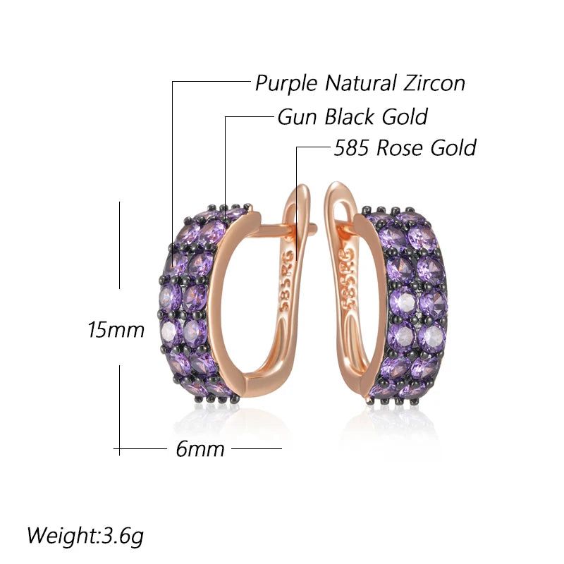 Stylish Vintage Purple Zircon Drop Earrings in 585 Rose Gold and Black Gold Plating