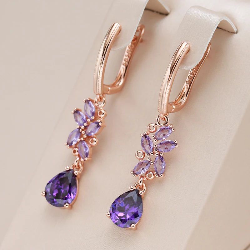 Stylish Vintage Purple Zircon Long Dangle Earrings in 585 Rose Gold