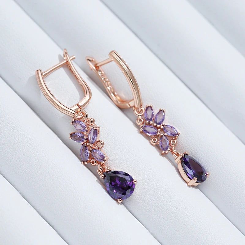 Stylish Vintage Purple Zircon Long Dangle Earrings in 585 Rose Gold