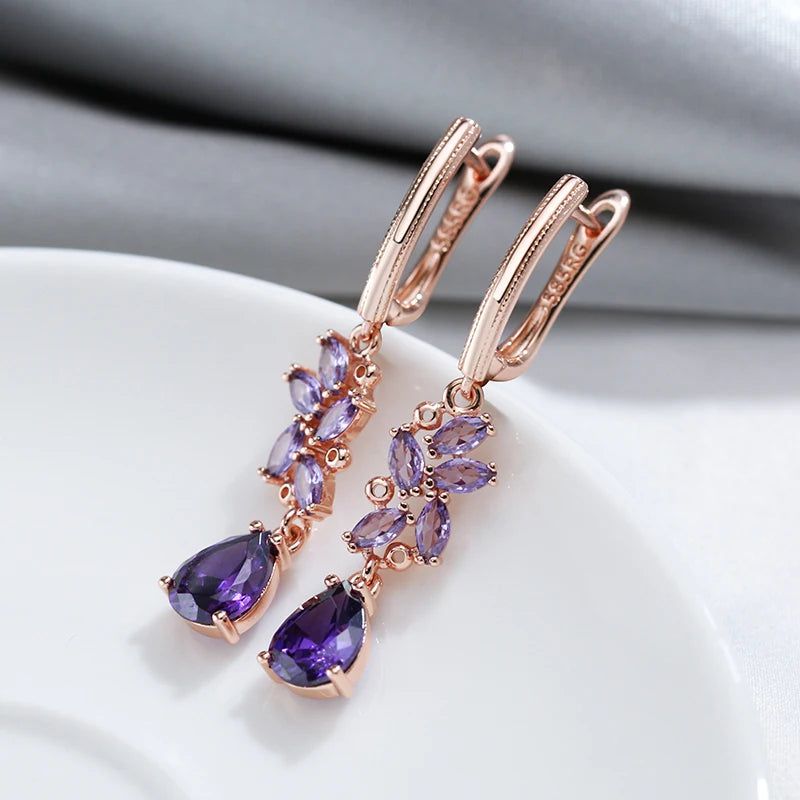 Stylish Vintage Purple Zircon Long Dangle Earrings in 585 Rose Gold