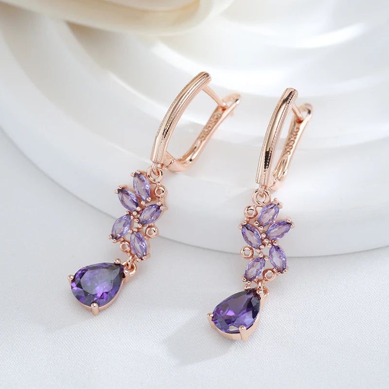 Stylish Vintage Purple Zircon Long Dangle Earrings in 585 Rose Gold