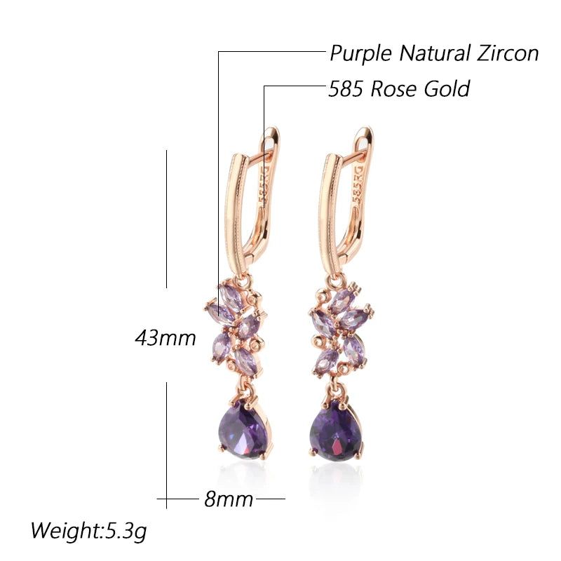 Stylish Vintage Purple Zircon Long Dangle Earrings in 585 Rose Gold