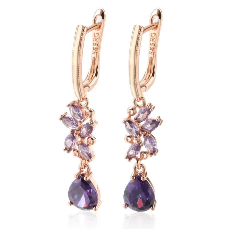 Stylish Vintage Purple Zircon Long Dangle Earrings in 585 Rose Gold