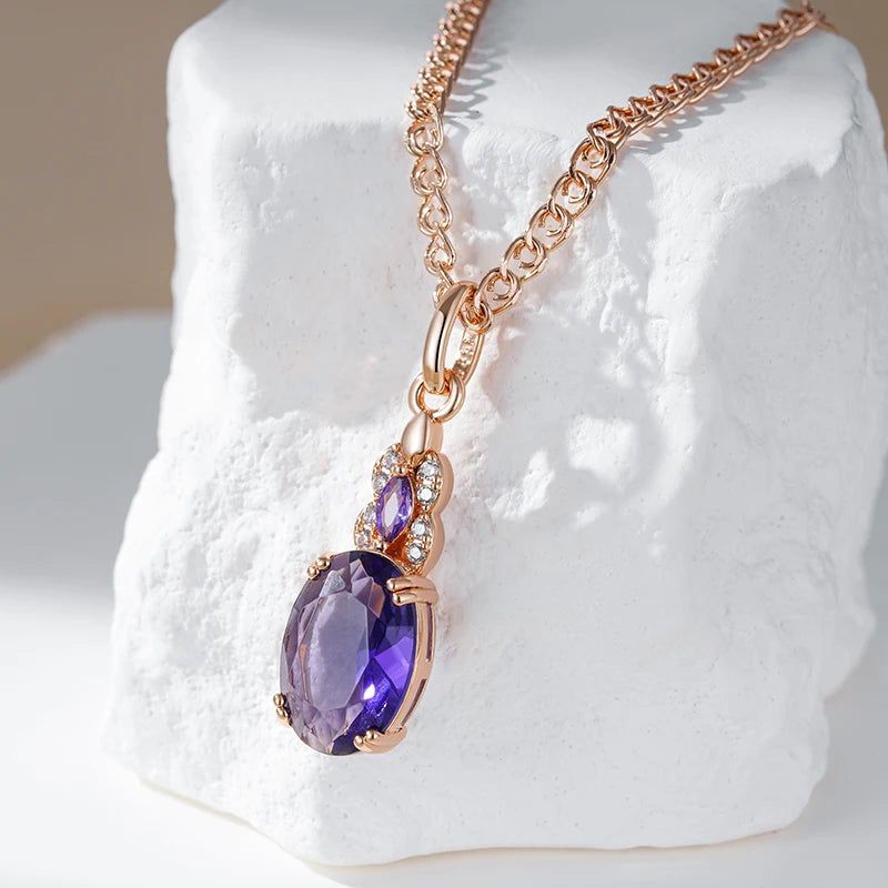 Stylish Vintage Purple Zircon Pendant Necklace in 585 Rose Gold Finish