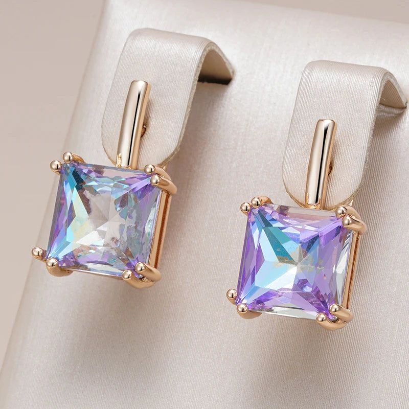 Stylish Vintage Purple Zircon Square Earrings in 585 Rose Gold