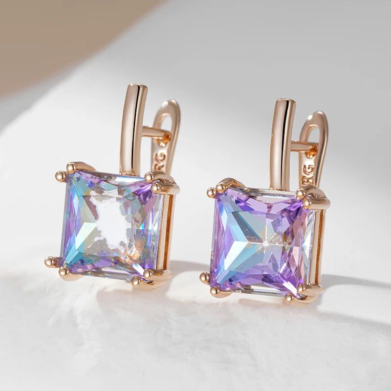 Stylish Vintage Purple Zircon Square Earrings in 585 Rose Gold