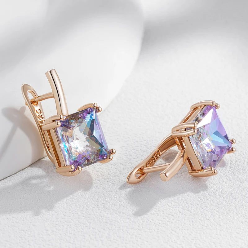 Stylish Vintage Purple Zircon Square Earrings in 585 Rose Gold