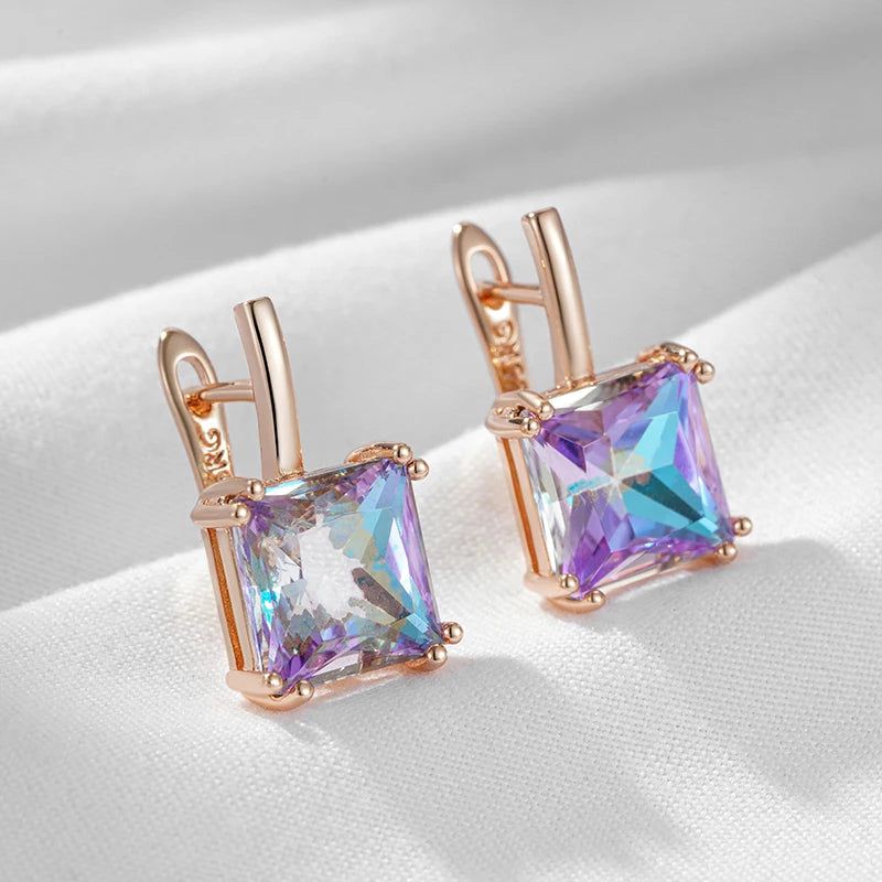 Stylish Vintage Purple Zircon Square Earrings in 585 Rose Gold