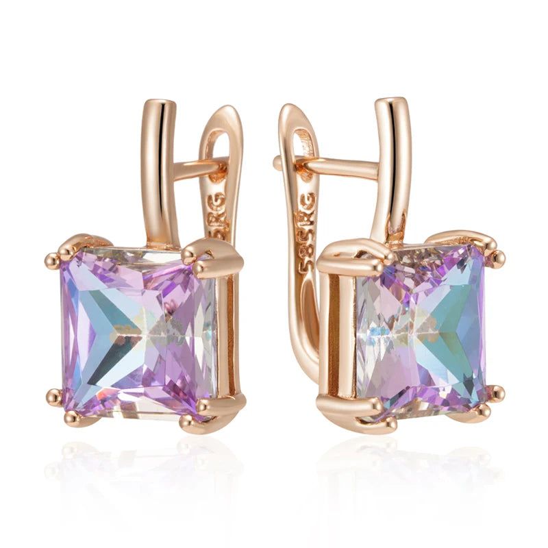 Stylish Vintage Purple Zircon Square Earrings in 585 Rose Gold