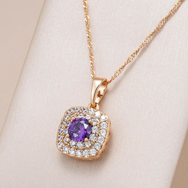 Stylish Vintage Purple Zircon Square Pendant Necklace in 585 Rose Gold - Shiny Crystal Jewelry