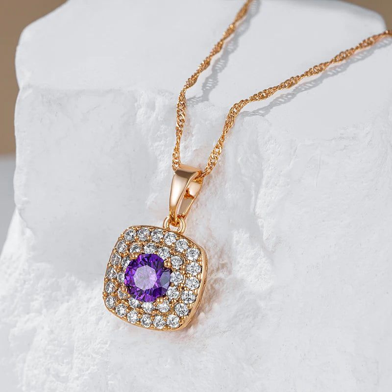 Stylish Vintage Purple Zircon Square Pendant Necklace in 585 Rose Gold - Shiny Crystal Jewelry