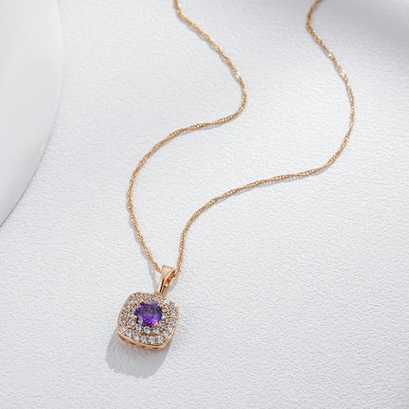 Stylish Vintage Purple Zircon Square Pendant Necklace in 585 Rose Gold - Shiny Crystal Jewelry