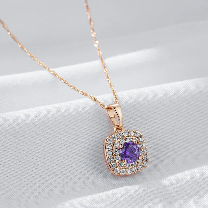 Stylish Vintage Purple Zircon Square Pendant Necklace in 585 Rose Gold - Shiny Crystal Jewelry