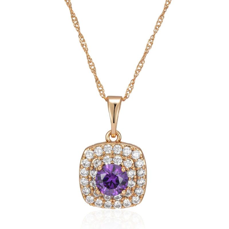 Stylish Vintage Purple Zircon Square Pendant Necklace in 585 Rose Gold - Shiny Crystal Jewelry